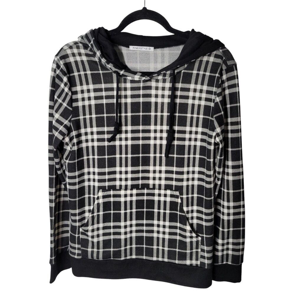 PINKMSTYLE Womens Sz M Black White Plaid Long Sleeve Hoodie Sweater
